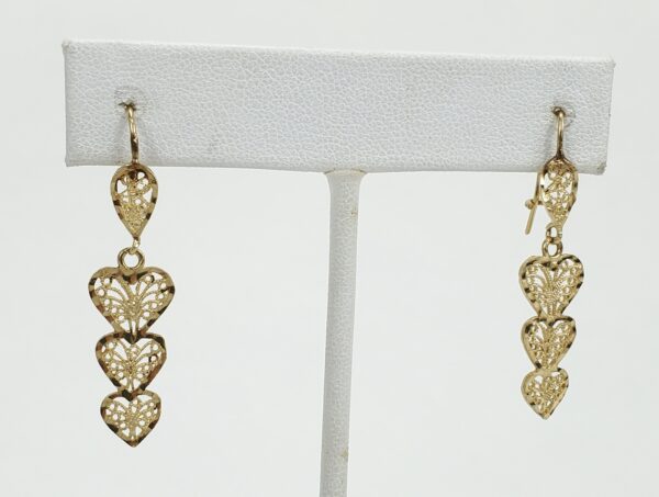 14k Yellow Gold Filigree 3 Heart Love Drop Hanging Hook Earrings 1 5/8'' - Image 4