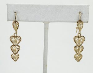 14k Yellow Gold Filigree 3 Heart Love Drop Hanging Hook Earrings 1 5/8''