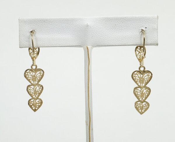 14k Yellow Gold Filigree 3 Heart Love Drop Hanging Hook Earrings 1 5/8'' - Image 6
