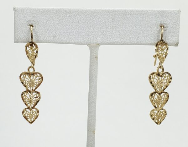 14k Yellow Gold Filigree 3 Heart Love Drop Hanging Hook Earrings 1 5/8''