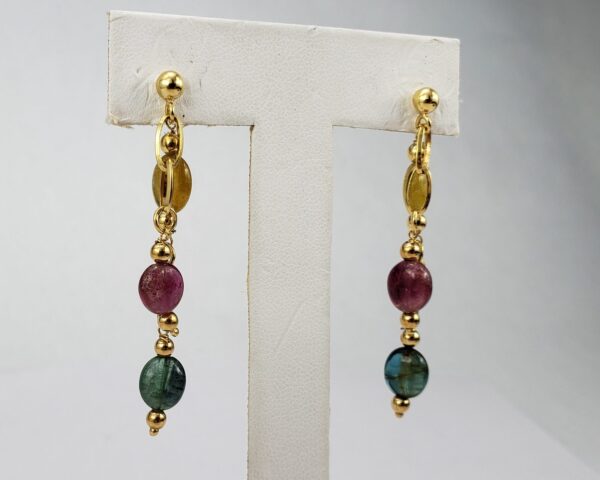 14k Yellow Gold Ruby Blue Yellow Tourmaline Tassel Drop Dangle Hanging Earrings - Image 3