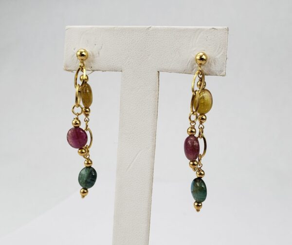 14k Yellow Gold Ruby Blue Yellow Tourmaline Tassel Drop Dangle Hanging Earrings - Image 4