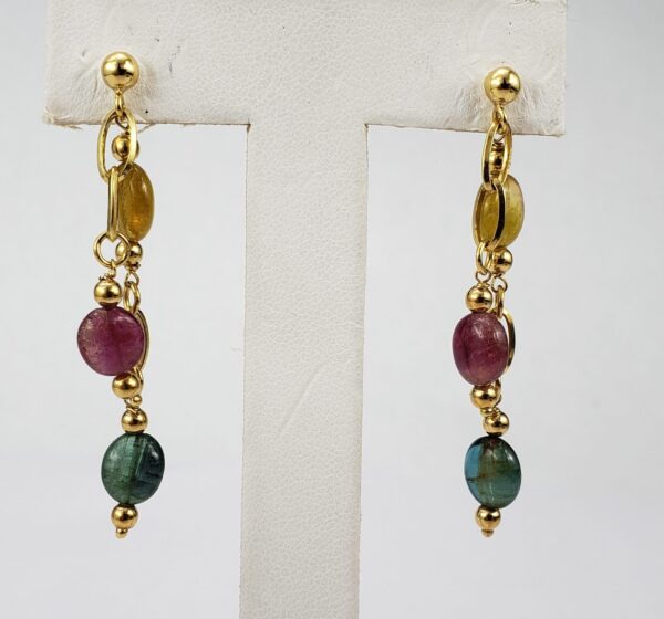 14k Yellow Gold Ruby Blue Yellow Tourmaline Tassel Drop Dangle Hanging Earrings - Image 5