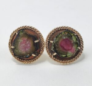 14k Yellow Gold Unique Watermelon Tourmaline Crystal Slice Cufflinks