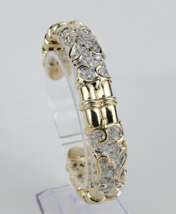 18k Multi-Tone Yellow White Gold 1ctw Diamond Scroll Work Flexible Cuff Bracelet