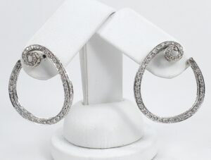 18k White Gold 3.50c Natural Diamond Large Swirl Circle Hoop Leverback Earrings
