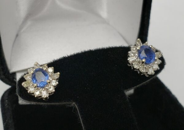 18k White Gold .92ct Blue Sapphire .40ct Diamond Halo 1.32ctw Stud Earrings - Image 3