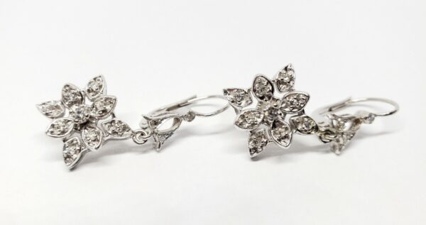 18k White Gold Diamond Star Flower Drop Dangle Hook Leverback Earrings - Image 4