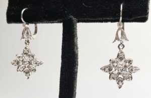 18k White Gold Diamond Star Flower Drop Dangle Hook Leverback Earrings