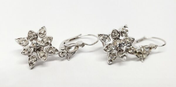 18k White Gold Diamond Star Flower Drop Dangle Hook Leverback Earrings - Image 5