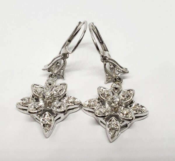 18k White Gold Diamond Star Flower Drop Dangle Hook Leverback Earrings - Image 6