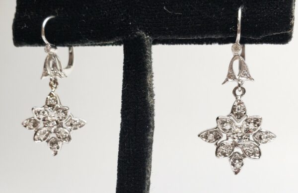 18k White Gold Diamond Star Flower Drop Dangle Hook Leverback Earrings