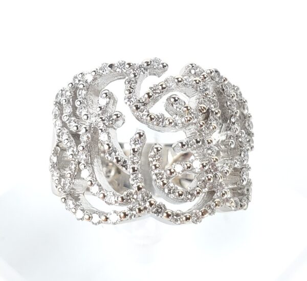 18k White Gold Pave Diamond Open Scroll Work Cluster Band Ring 7.5'' - Image 3