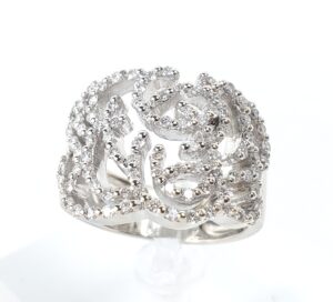 18k White Gold Pave Diamond Open Scroll Work Cluster Band Ring 7.5''