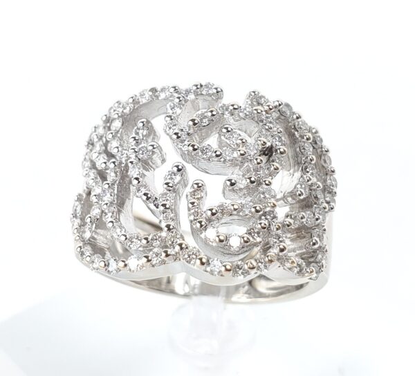 18k White Gold Pave Diamond Open Scroll Work Cluster Band Ring 7.5''