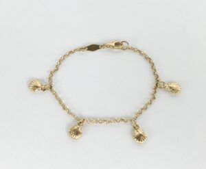 18k Yellow Gold Clam Oyster Nautical Childrens Kids Chain Link Charm Bracelet