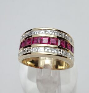 18k Yellow Gold Natural Ruby Asscher Cut Diamond Channel Set Band Ring 7.25''