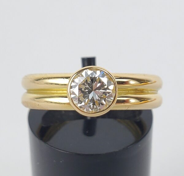 20k Yellow Gold .65ctw Bezel Set Diamond Double Band Solitaire Engagement Ring - Image 3