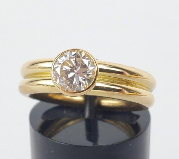20k Yellow Gold .65ctw Bezel Set Diamond Double Band Solitaire Engagement Ring - Image 4