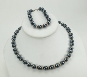 925 Sterling Silver Hematite Bead Necklace Bracelet Set 8-8.25mm