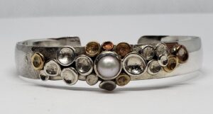 Sterling Silver 925 Pearl Muticolored Bangle Cuff Bracelet Hallmarked
