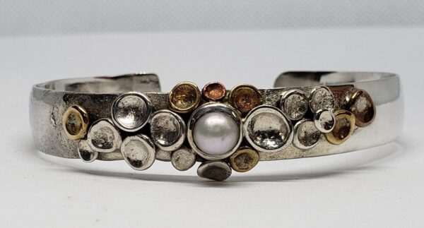 Sterling Silver 925 Pearl Muticolored Bangle Cuff Bracelet Hallmarked