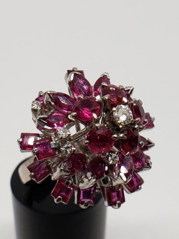 Vintage 18k White Gold Ruby Diamond Flower Floral Dome Cluster Cocktail Ring - Image 3