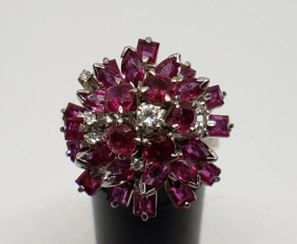 Vintage 18k White Gold Ruby Diamond Flower Floral Dome Cluster Cocktail Ring - Image 4