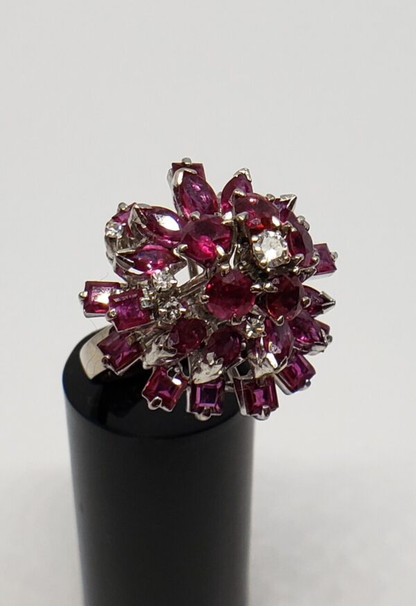 Vintage 18k White Gold Ruby Diamond Flower Floral Dome Cluster Cocktail Ring - Image 5