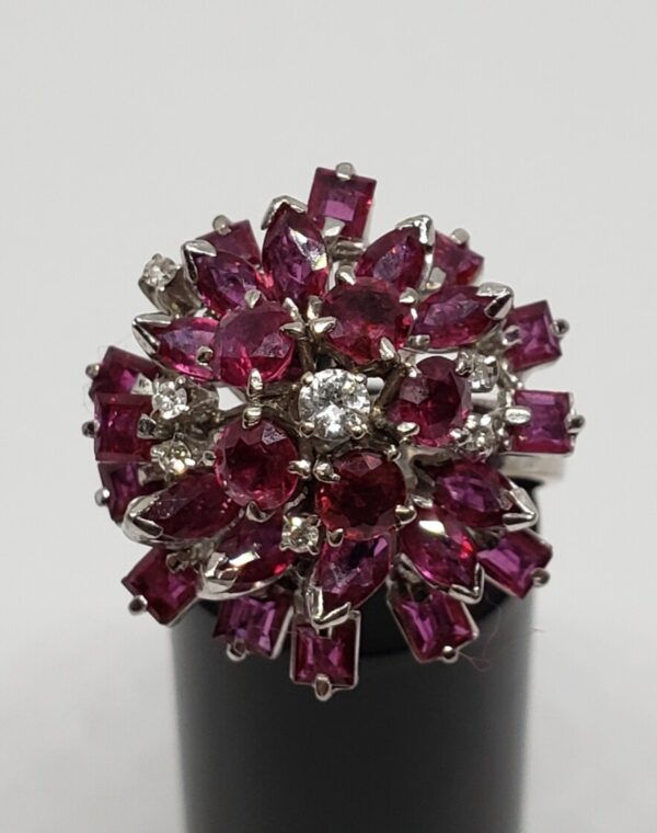 Vintage 18k White Gold Ruby Diamond Flower Floral Dome Cluster Cocktail Ring - Image 6
