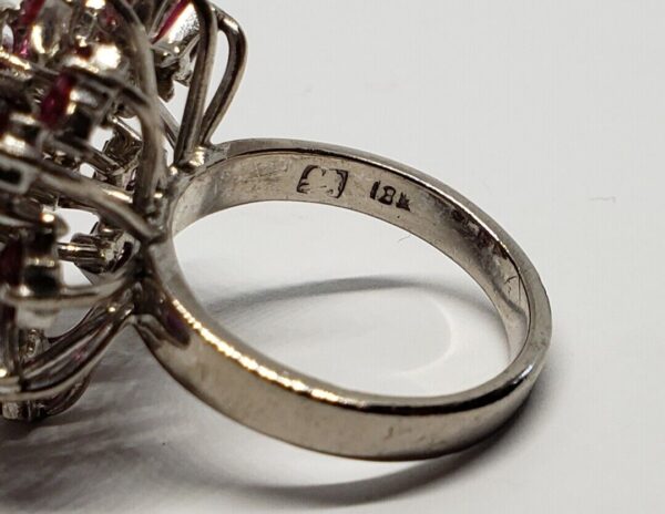 Vintage 18k White Gold Ruby Diamond Flower Floral Dome Cluster Cocktail Ring - Image 8