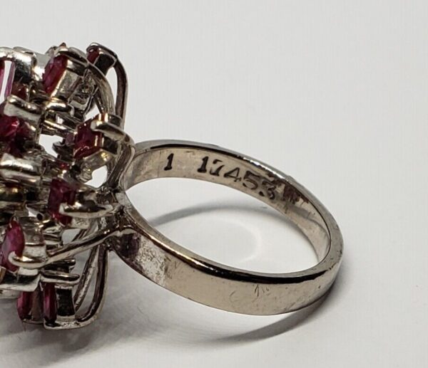 Vintage 18k White Gold Ruby Diamond Flower Floral Dome Cluster Cocktail Ring - Image 9