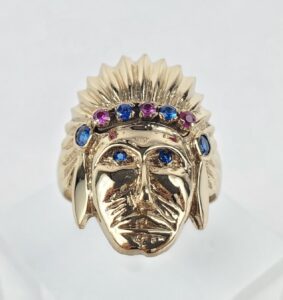 10k Yellow Gold Lab Grown Sapphire Ruby Native American Indian Head Ring 10.75''