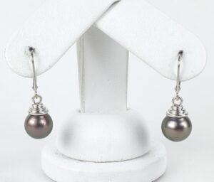 14k White Gold 9.5mm Tahitian Pearl Leverback Dangle Drop Earrings 1 1/8''