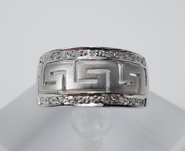 14k White Gold Diamond Greek Meander Pattern Band Ring 6.5'' - Image 3