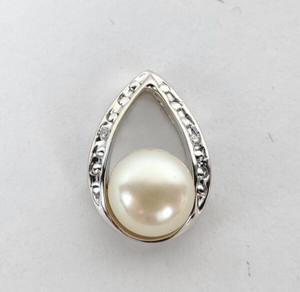 14k White Gold Pearl Diamond Marquise Teardrop Shape Slider Pendant 1/2'' - Image 3