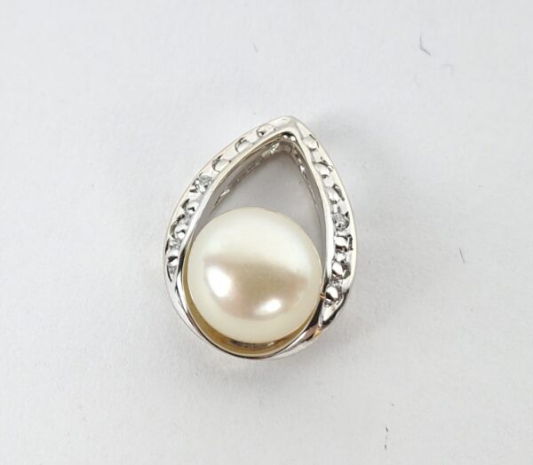 14k White Gold Pearl Diamond Marquise Teardrop Shape Slider Pendant 1/2'' - Image 4