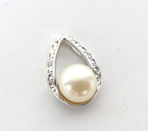 14k White Gold Pearl Diamond Marquise Teardrop Shape Slider Pendant 1/2''