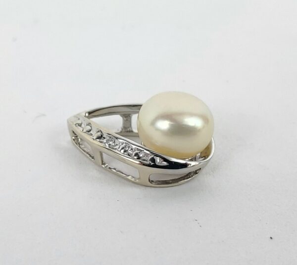 14k White Gold Pearl Diamond Marquise Teardrop Shape Slider Pendant 1/2'' - Image 6