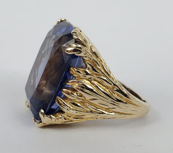 14k Yellow Gold 30ctw Lab Grown Blue Sapphire Leaf Solitaire Cocktail Ring 4'' - Image 6