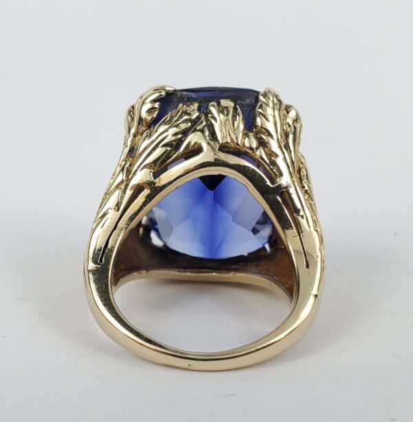 14k Yellow Gold 30ctw Lab Grown Blue Sapphire Leaf Solitaire Cocktail Ring 4'' - Image 7