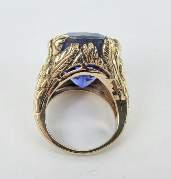 14k Yellow Gold 30ctw Lab Grown Blue Sapphire Leaf Solitaire Cocktail Ring 4'' - Image 8