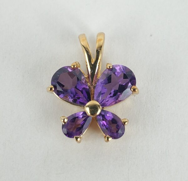 14k Yellow Gold Amethyst Clover Butterfly Love Dangle Drop Pendant 5/8'' - Image 3