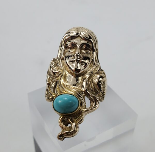 14k Yellow Gold Art Nouveau Flowing Long Hair Lady Wide Dinner Cocktail Ring - Image 3