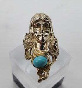 14k Yellow Gold Art Nouveau Flowing Long Hair Lady Wide Dinner Cocktail Ring