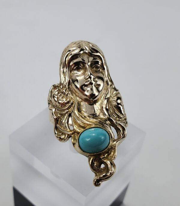 14k Yellow Gold Art Nouveau Flowing Long Hair Lady Wide Dinner Cocktail Ring - Image 4