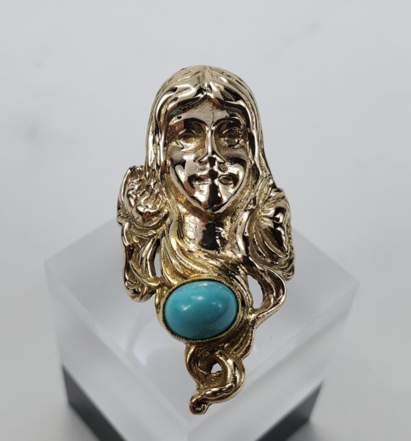 14k Yellow Gold Art Nouveau Flowing Long Hair Lady Wide Dinner Cocktail Ring