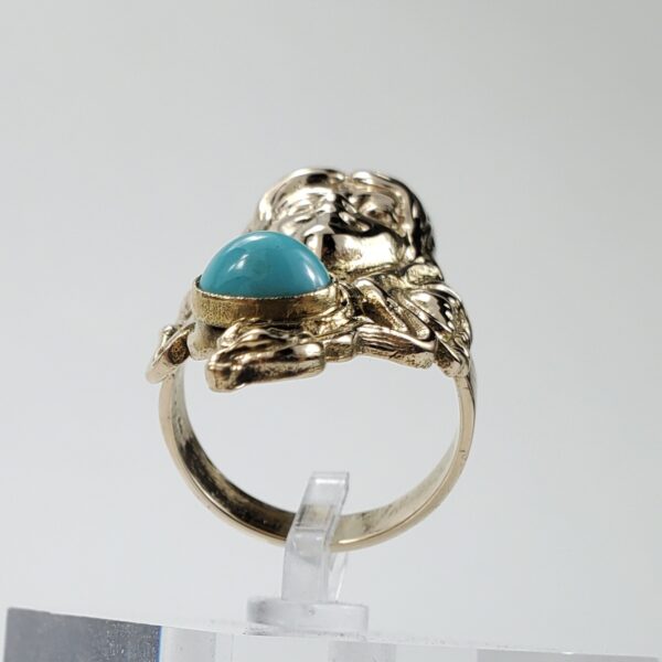 14k Yellow Gold Art Nouveau Flowing Long Hair Lady Wide Dinner Cocktail Ring - Image 8