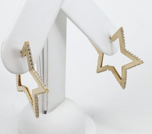 14k Yellow Gold CZ Cubic Zirconia Star Pentagram Pentagon Hoop Earrings 1 1/4'' - Image 3