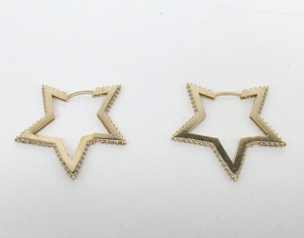 14k Yellow Gold CZ Cubic Zirconia Star Pentagram Pentagon Hoop Earrings 1 1/4'' - Image 5